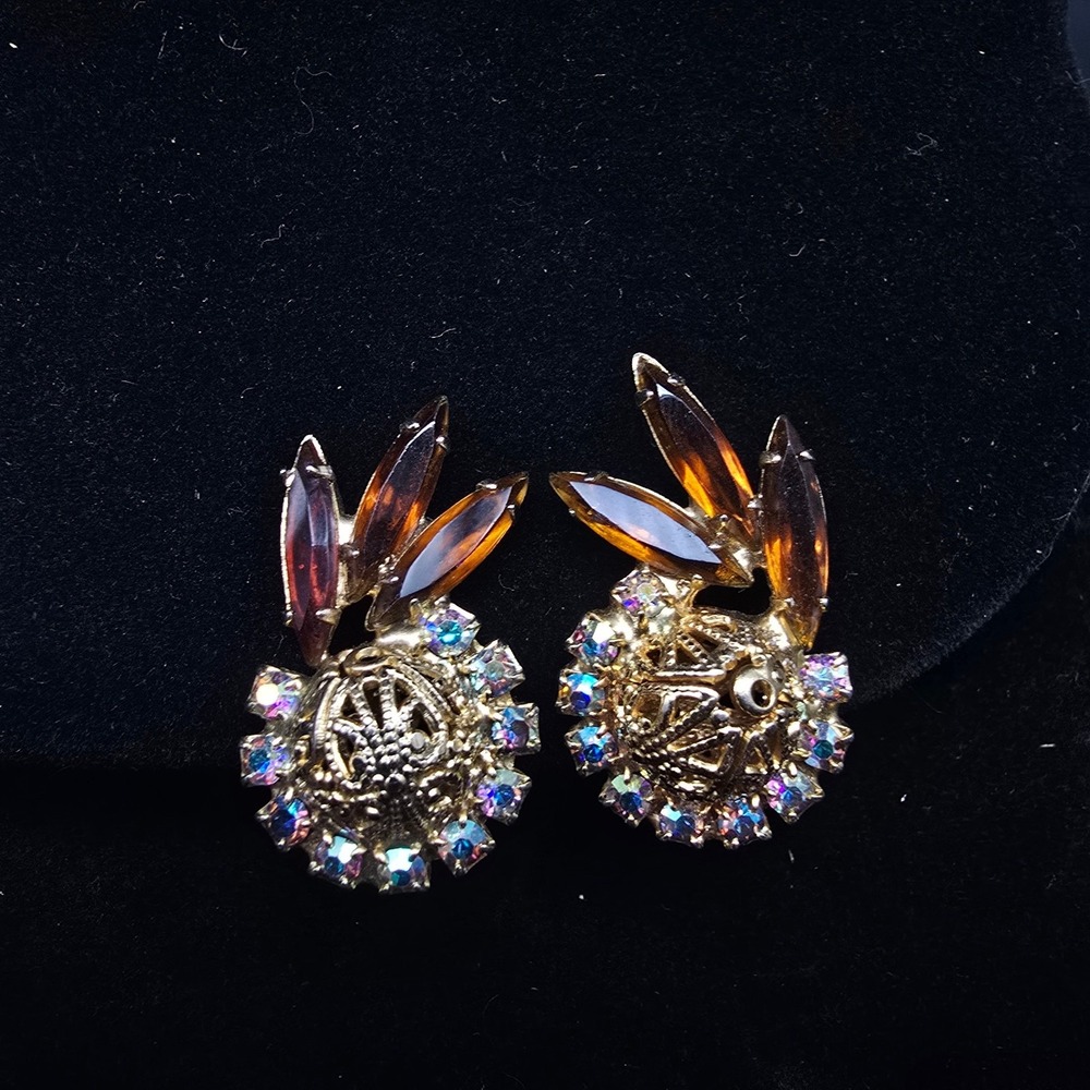 Aurora Borealis Filigree Rhinestone Clip On Earrings Vintage Glam
